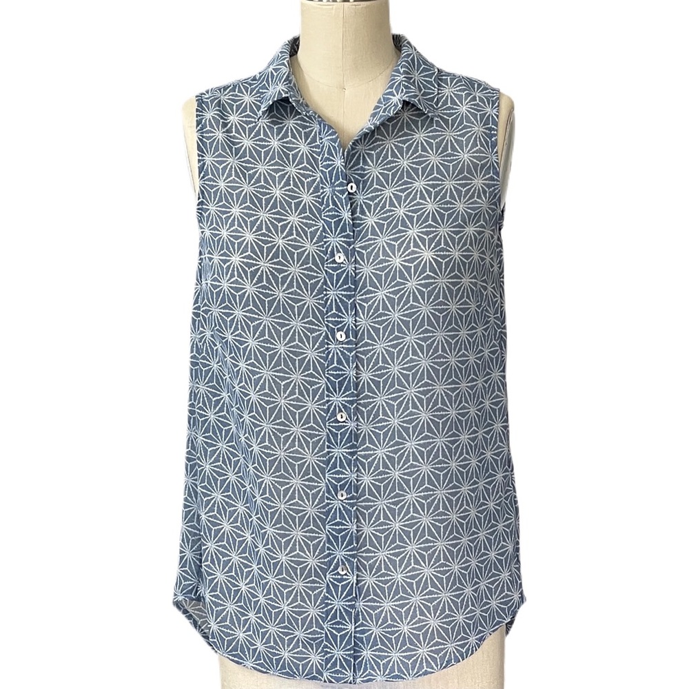 H&M Boho Collar Button Down High Low Sleeveless Shirt Geometric Pattern SZ 2